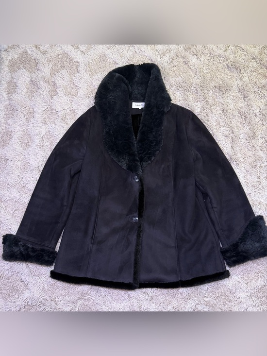 Calvin Klein Jackets & Blazers - Calvin Klein Womens L Black Faux Shearling Coat Faux Fur Trim Jacket